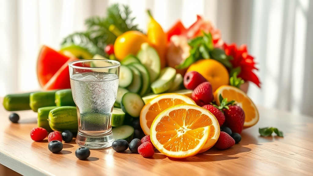 안면홍조에 좋은 다양한 종류의 과일과 물 한 잔 모습