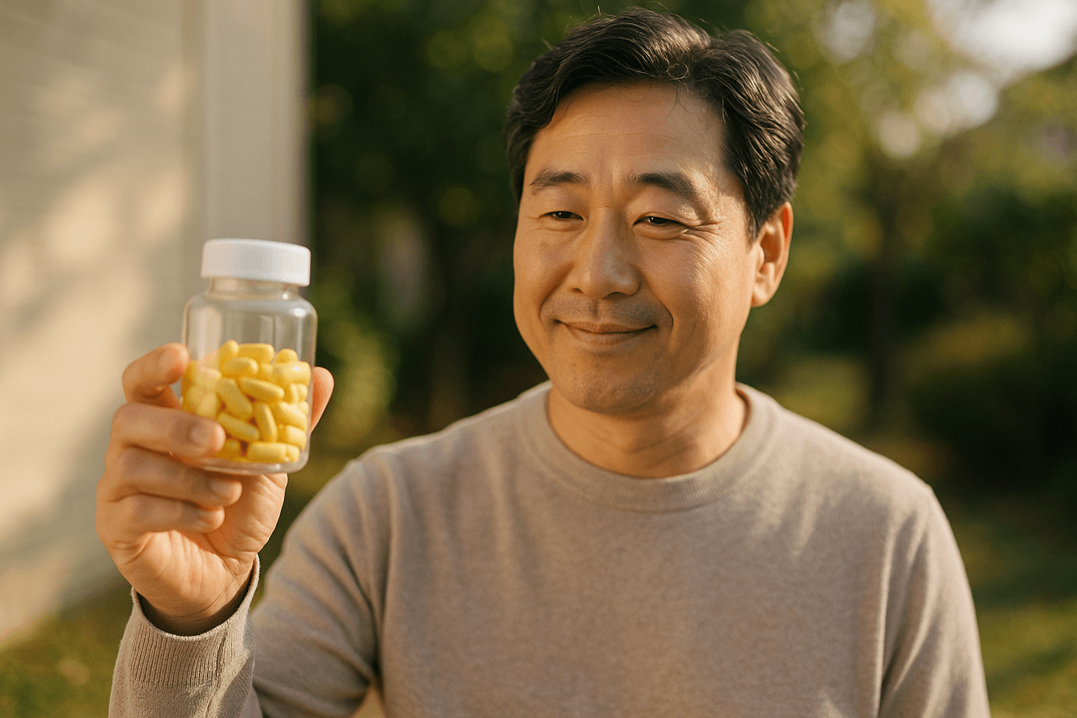 햇살이 비치는 야외 배경에서 미소 지으며 노란 캡슐이 담긴 투명 보틀(영양제)을 손에 들어 보여주는 중년 한국 남성
