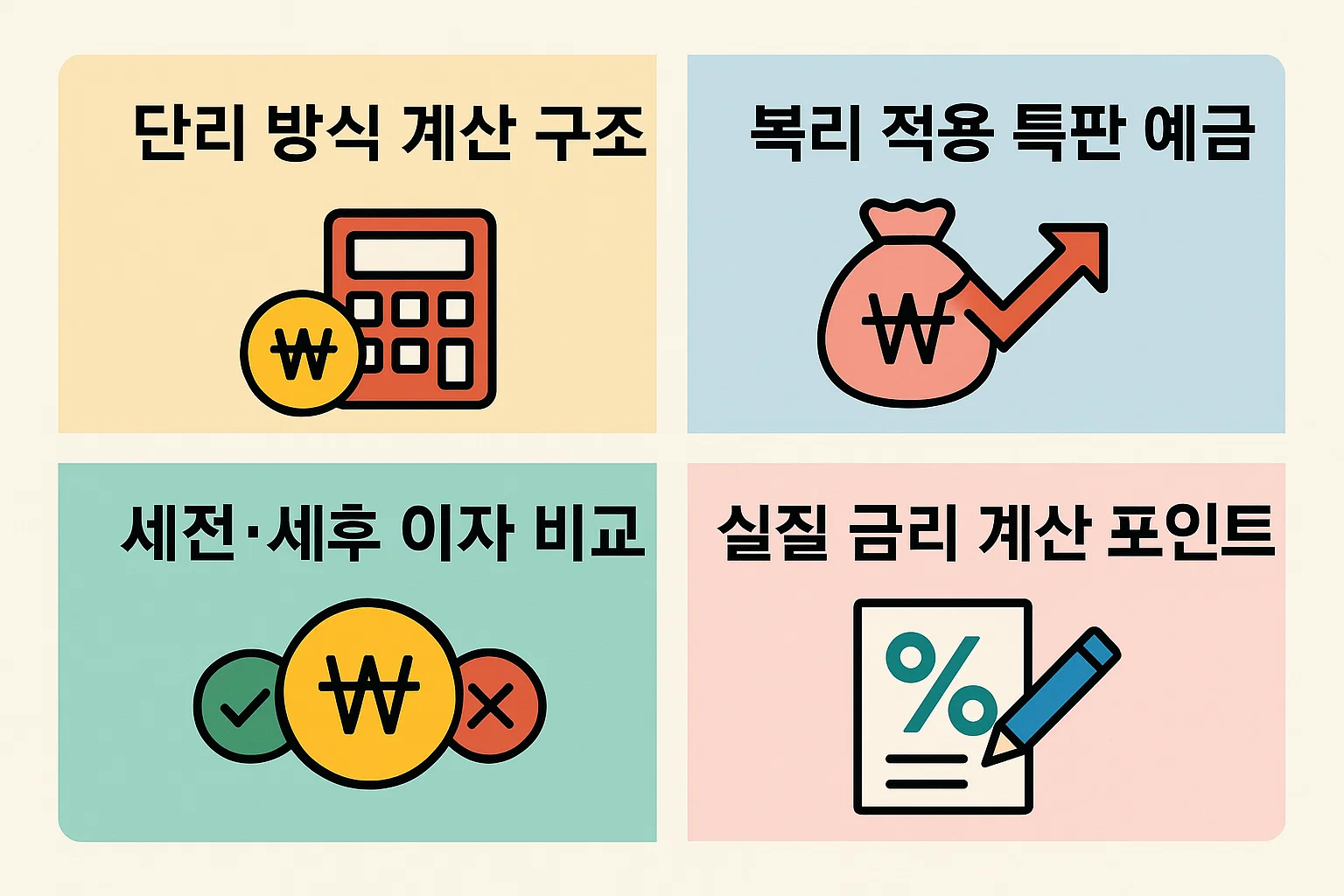 농협 정기예금의 단리&middot;복리 계산 구조, 세전&middot;세후 이자 비교, 실질 금리 계산 포인트를 한눈에 이해할 수 있도록 정리한 2025년 기준 인포그래픽