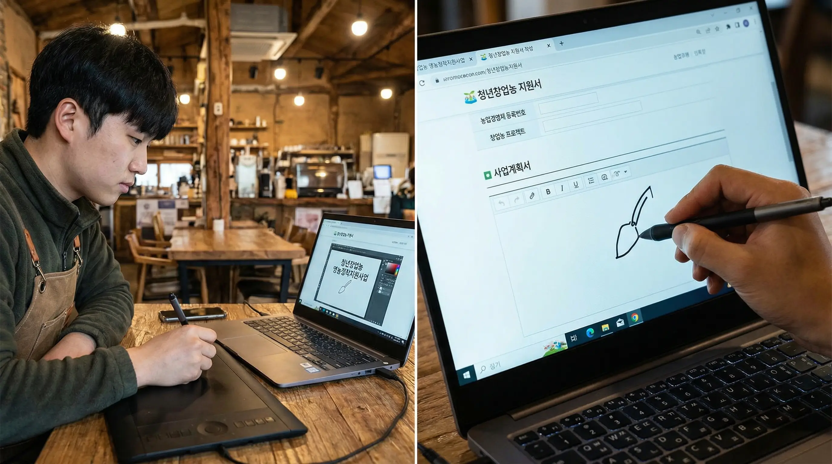 노트북으로 그린대로 사이트에 접속하여 청년창업농 지원서를 작성하는 모습과 화면 클로즈업