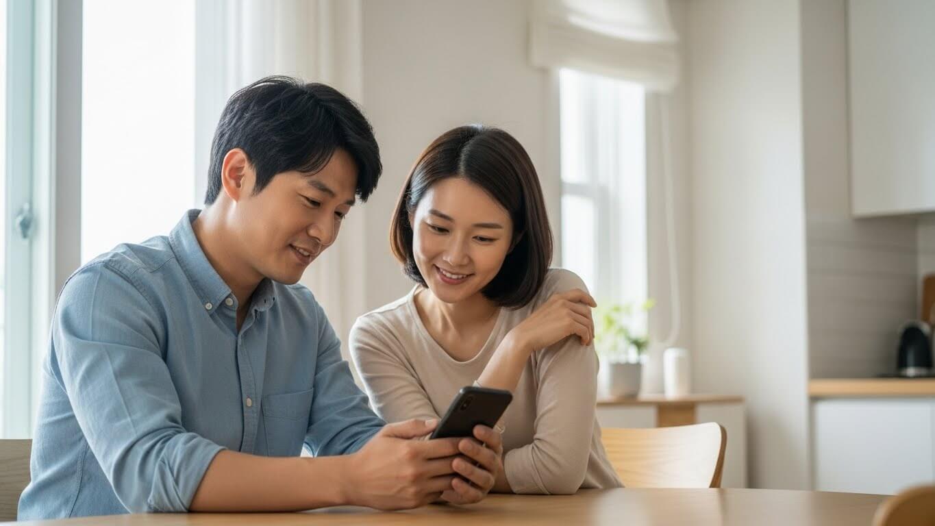집에서 스마트폰으로 국민행복카드 바우처 정보를 확인하는 한국인 부부의 모습