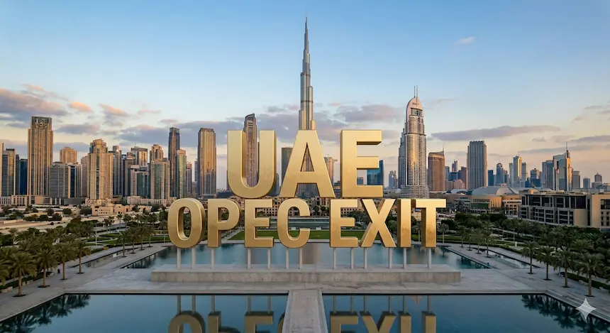 두바이 부르즈 할리파 스카이라인을 배경으로 한 UAE OPEC 탈퇴(OPEC EXIT) 선언 이미지