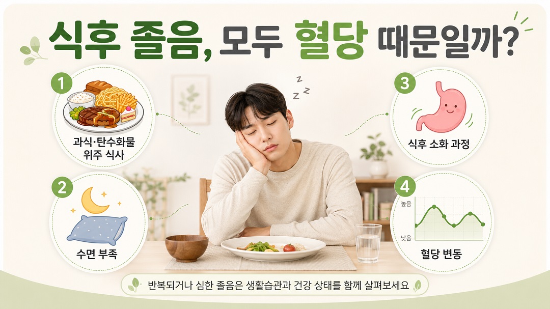 식후 졸음과 관련될 수 있는 수면 부족, 과식, 소화 과정과 혈당 변동