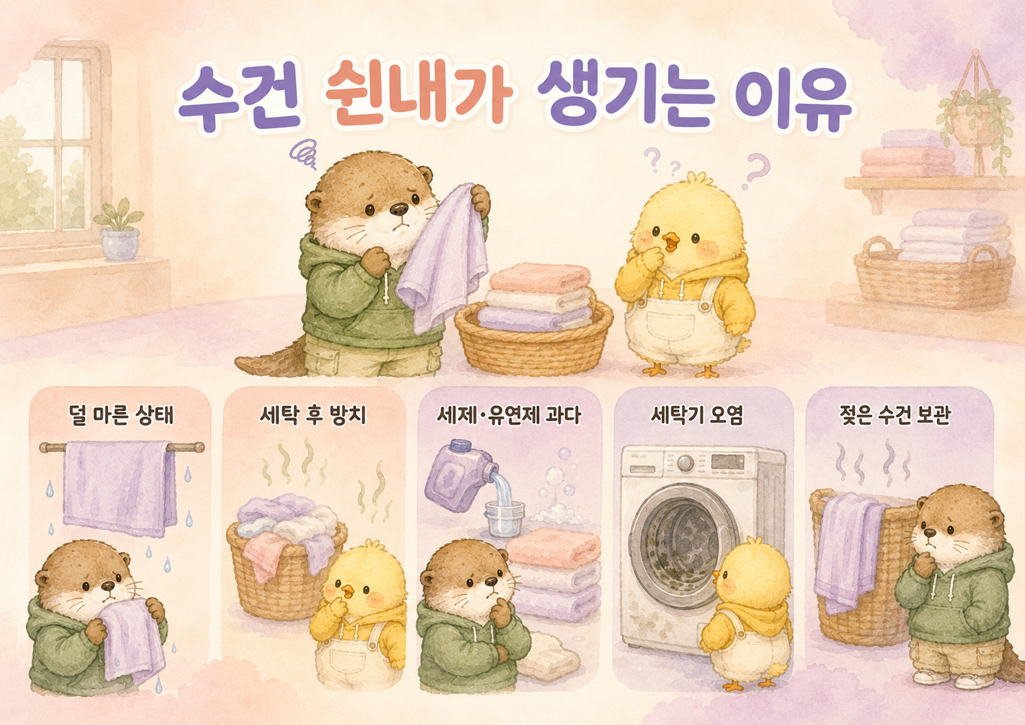 수건 쉰내가 생기는 이유를 보여주는 인포그래픽