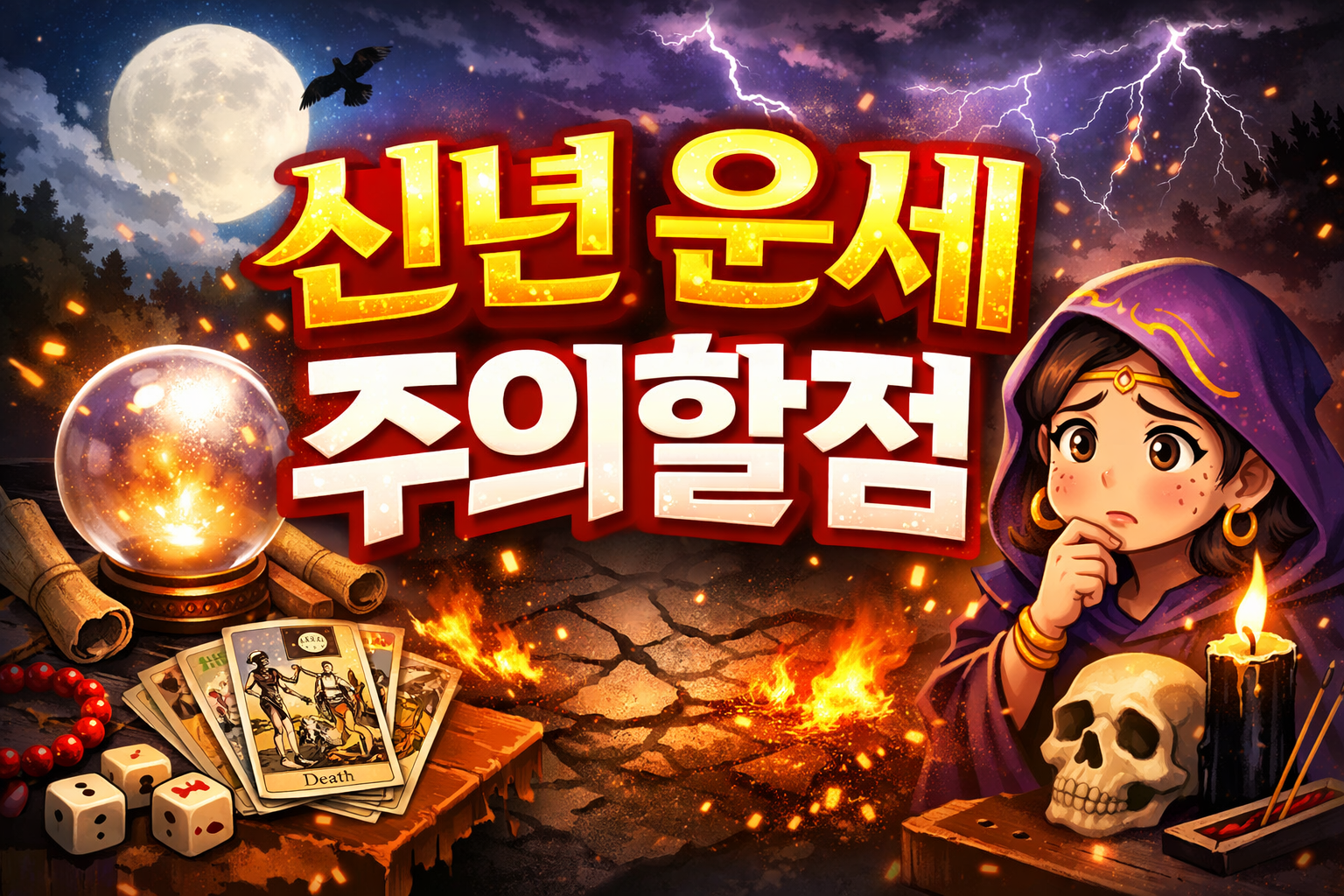 신년 운세 주의할점 썸네일, 타로카드와 수정구가 있는 신년 운세 경고 이미지