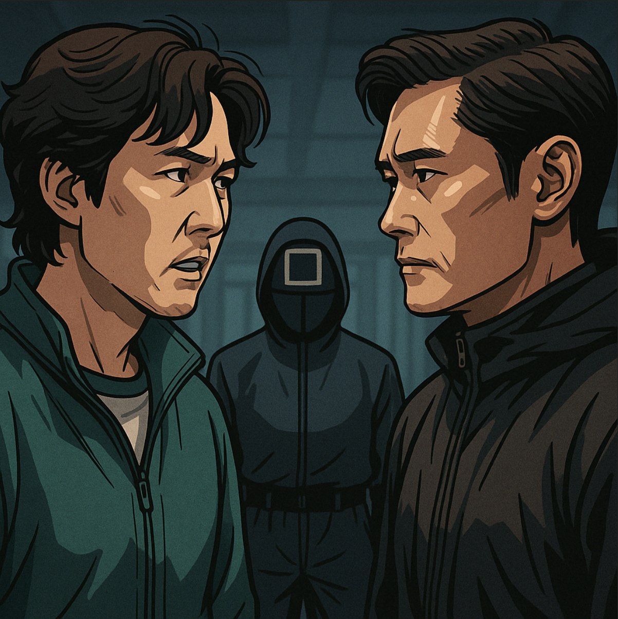 넷플릭스 오징어게임 시즌 3 성기훈과 프론트맨이 서로 바라보고 있다