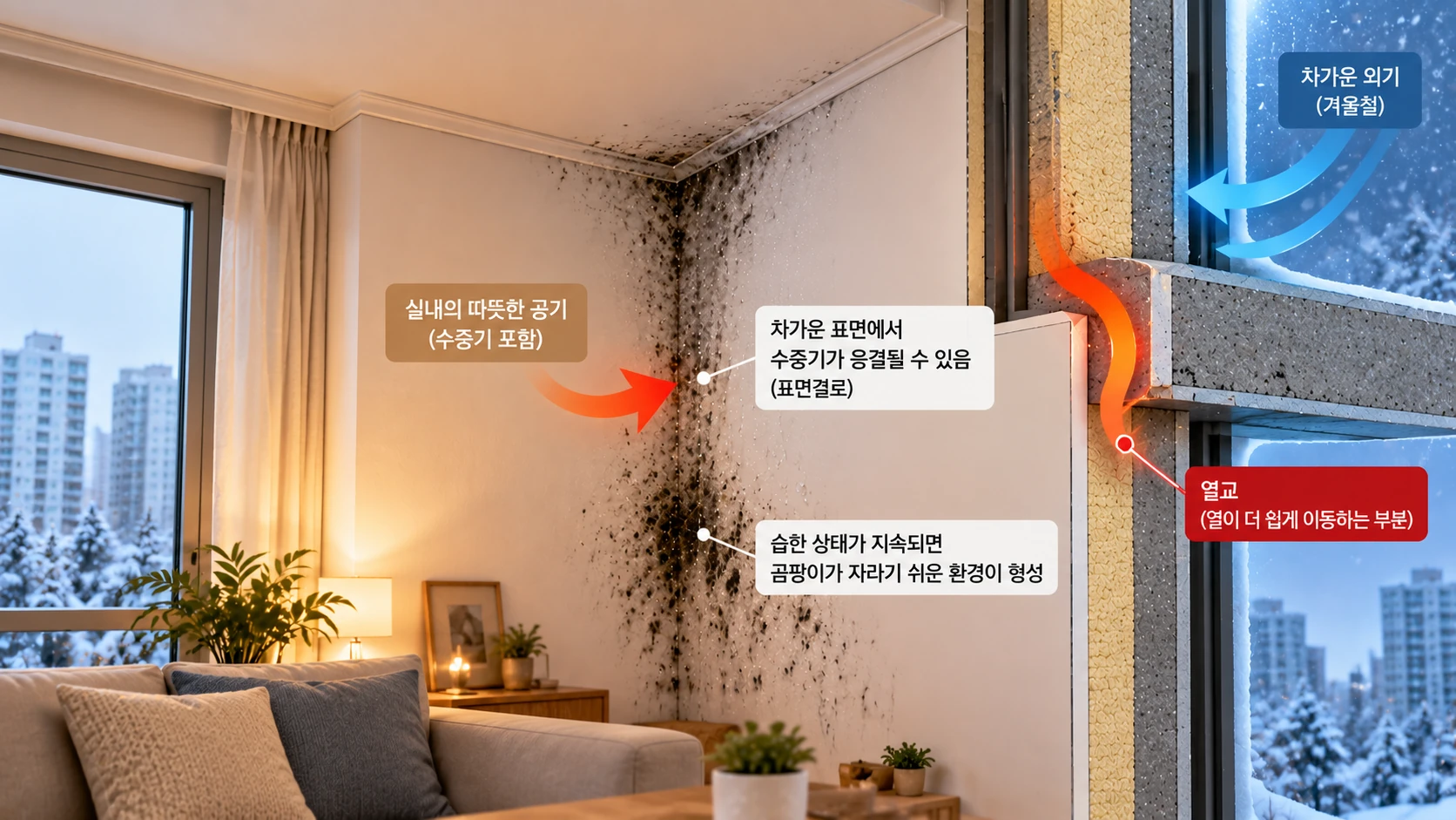 겨울철 아파트 외벽 모서리의 열교와 표면결로로 곰팡이가 생기는 원리