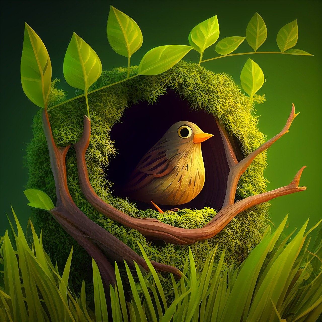 새둥지안에 예쁜새가 않아있는 모습