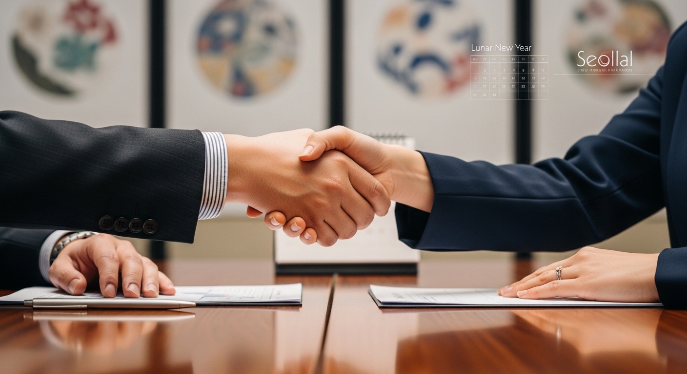 비즈니스 관계의 신뢰를 상징하는 악수 장면, 설 명절을 맞아 돈독해진 비즈니스 파트너십.
