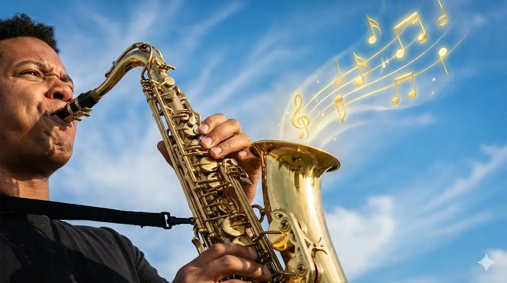 "푸른 하늘을 배경으로 색소폰 고음을 시원하게 연주하는 모습, 색소폰 삑사리 해결과 성대 열기 훈련 방법"