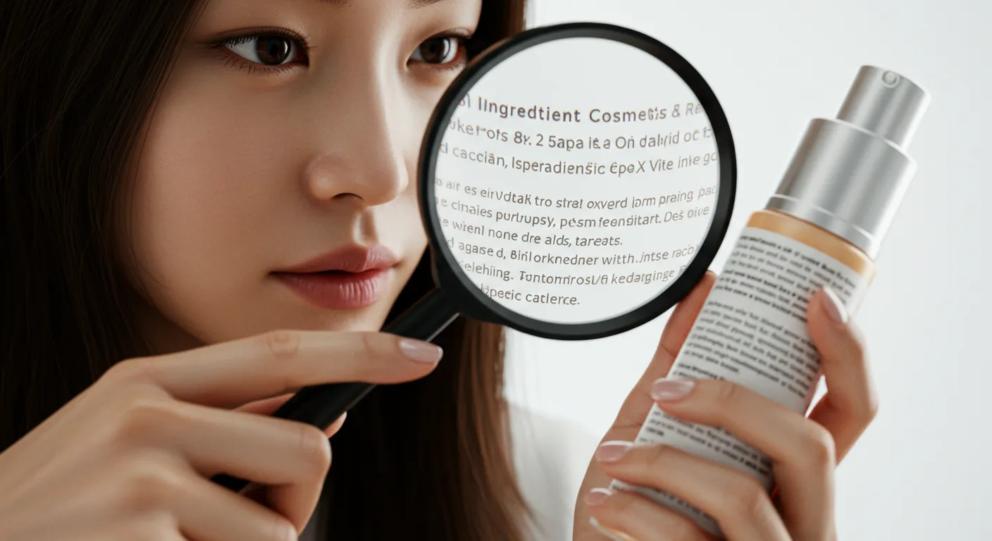 "화장품 과대광고에 속지 않기 위해 전성분표를 꼼꼼히 확인하는 현명한 소비자의 모습"