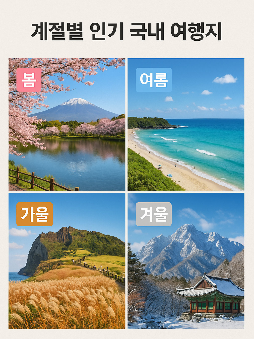 계절별 인기 국내 여행지 (봄, 여름, 가을, 겨울)