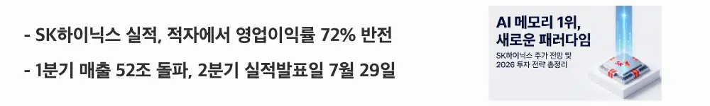 SK하이닉스 주가 전망: 'SK하이닉스 실적, 적자에서 영업이익률 72% 반전'이라는 문구가 포함된 웹배너 이미지. 이 이미지는 SK하이닉스의 최근 3년 실적 V자 반등과 1분기 매출 52조 돌파, 2분기 실적발표 일정을 시각적으로 전달하며, 블로그의 SK하이닉스 실적 주제와 관련된 내용을 설명함