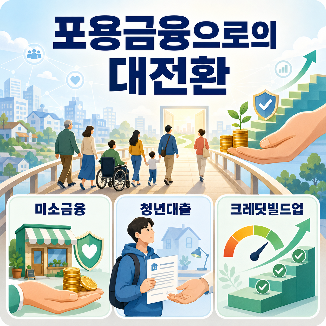 포용금융 대전환의 미소금융, 청년대출, 크레딧빌드업을 설명한 인포그래픽