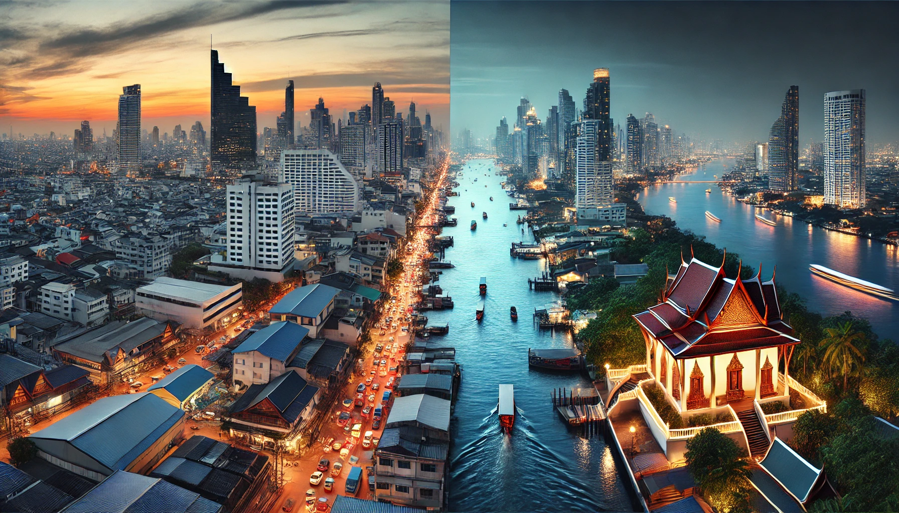 방콕 시내의 스카이라인과 샤오프라야 강변의 풍경을 비교하는 이미지