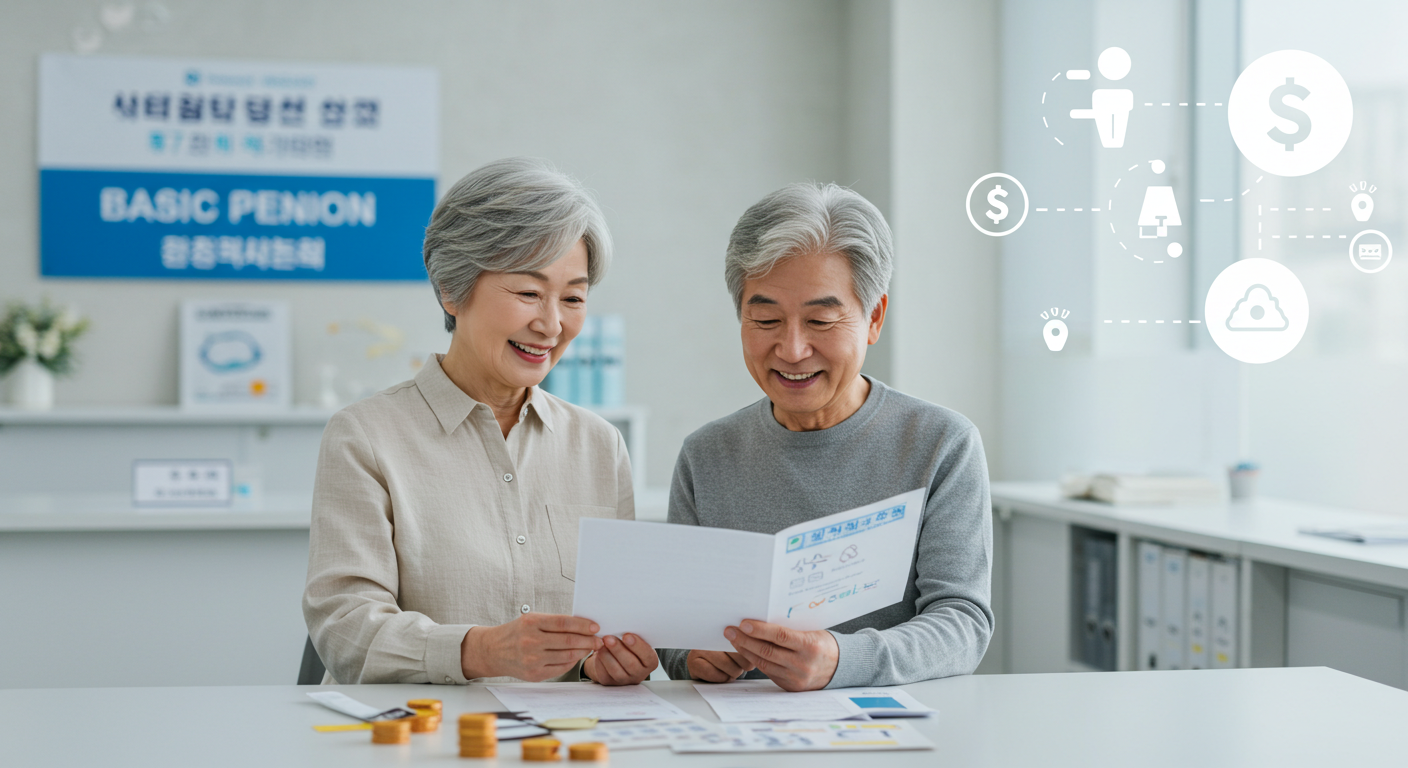 Korean elderly couple reviewing basic pension documents at welfare office (한국 어르신 부부가 복지센터에서 기초연금 서류를 확인하는 모습)