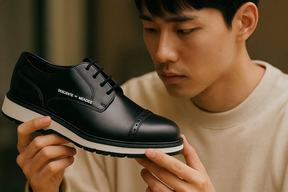 남성이 ‘더비 크로스오버’ 슈즈를 자세히 살펴보는 모습.