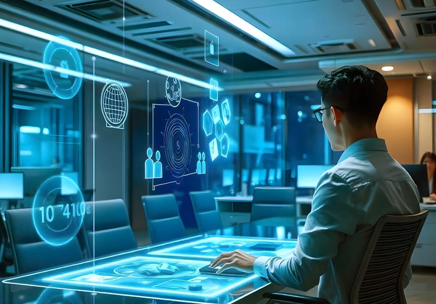 AI 기술을 상징하는 데이터 그래프와 테크 오피스 모습