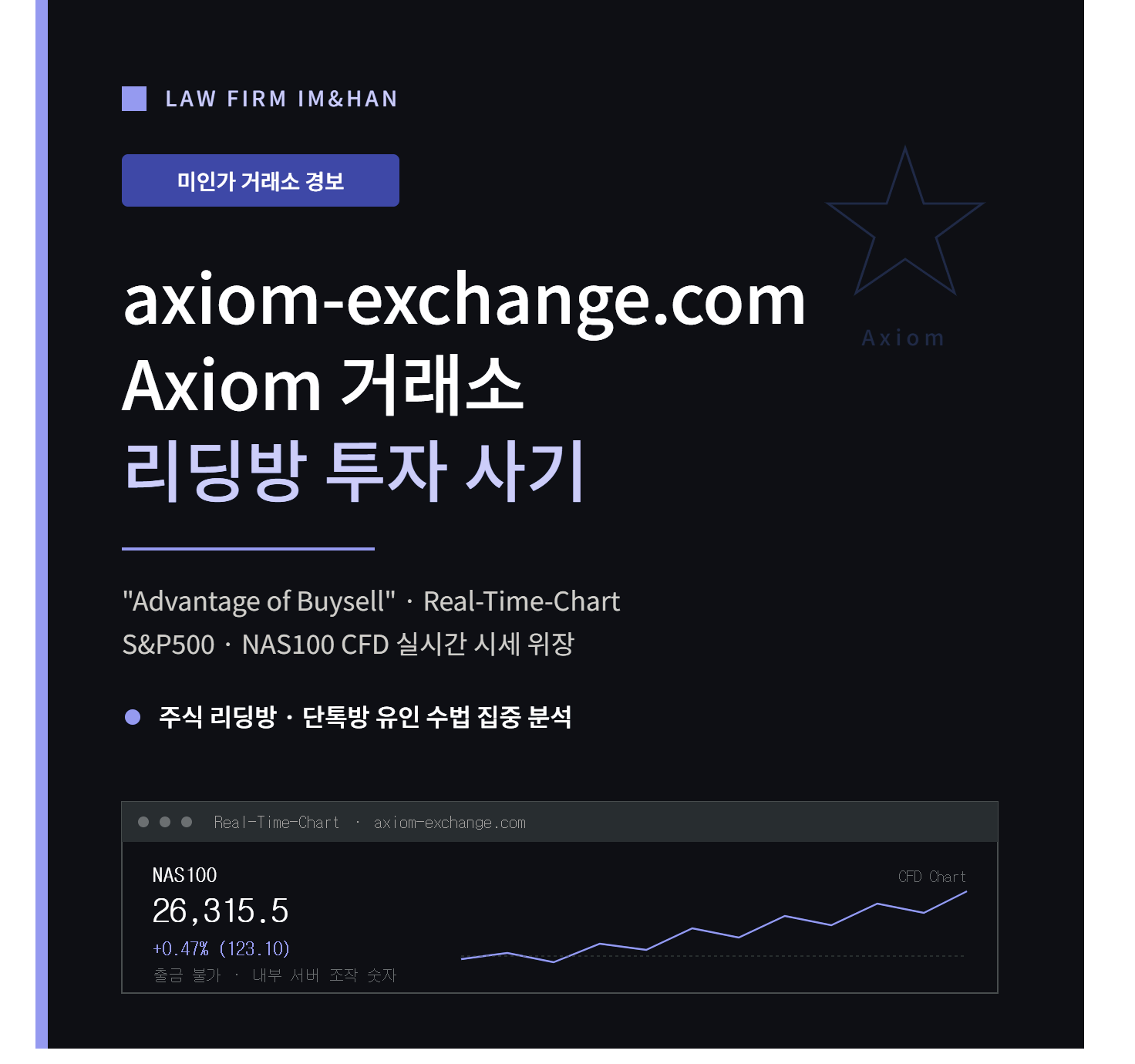 Axiom사기, axiomexchange, axiom거래소, 액시엄거래소, 액시엄사기, 미인가거래소, 주식리딩방사기, 리딩방사기, SP500사기, S&amp;P500사기, NAS100사기, 나스닥100사기, 해외선물사기, CFD사기, 해외CFD사기, 파생상품사기, 투자사기, 주식사기, 텔레그램리딩방, 카카오톡리딩방, 단톡방사기, 유사수신, 자본시장법위반, 무인가투자중개, 불법투자플랫폼, 해외서버사기, 출금불가, 출금수수료사기, 세금선납사기, 증거금사기, 투자사기변호사, 사기피해구제, 법무법인임앤한, 지급정지신청, 금융감독원신고