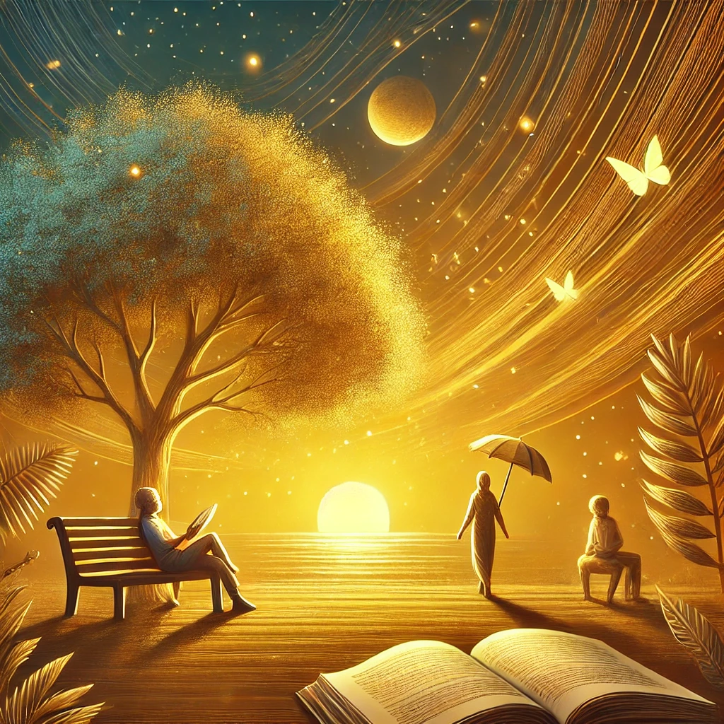 행복의 기원을 연상케하는 이미지 – 생존 본능과 일상의 기쁨 속에서 행복을 설명하는 서은국 교수의 책을 상징하는 따뜻한 장면