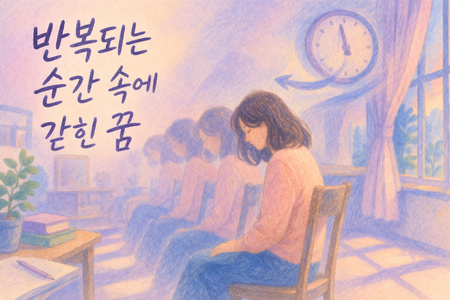 같은 장면이 반복되며 시간에 갇힌 상태를 표현한 색연필 일러스트