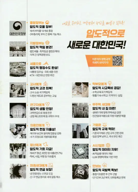 김문수 후보의 대선 공약 요약 포스터. 다양한 계층별 맞춤형 공약이 아이콘과 함께 정리되어 있음.