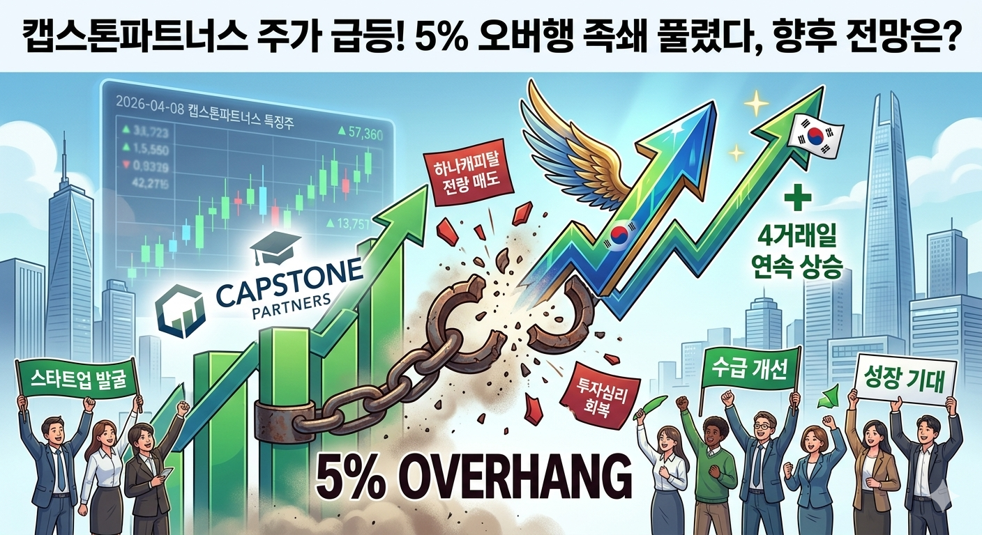 금융 데이터 배경 위에 캡스톤파트너스의 기업명과 로고가 왼쪽 하단에 있으며, 그 위로 상승하는 대형 수익률 그래프가 족쇄를 끊어내며 날아오르는 모습을 형상화했습니다. 족쇄는 '5% 오버행'이라는 영문 텍스트가 새겨져 있으며, 하나캐피탈의 지분 전량 매도 완료로 재무적 불확실성이 해소되었음을 상징합니다. 그래프 상단에는 '캡스톤파트너스 주가 급등!'과 '오버행 족쇄 풀렸다, 향후 전망은?'이라는 문구가 강조되었으며, VC 업황 회복 기대감과 스타트업 발굴 성과를 시각화했습니다.