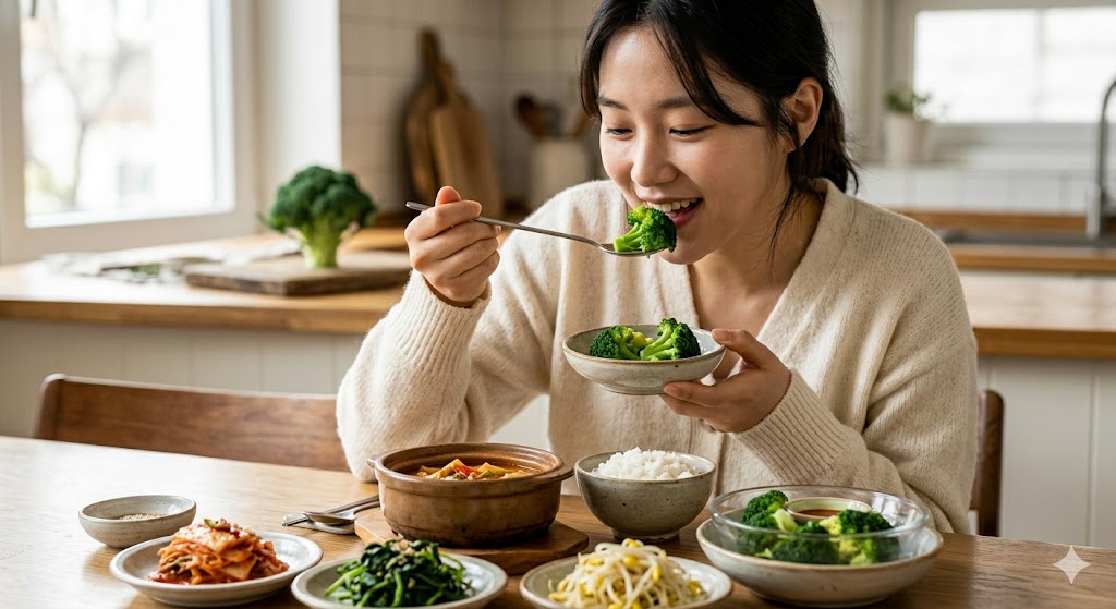 브로콜리를 먹는 여성