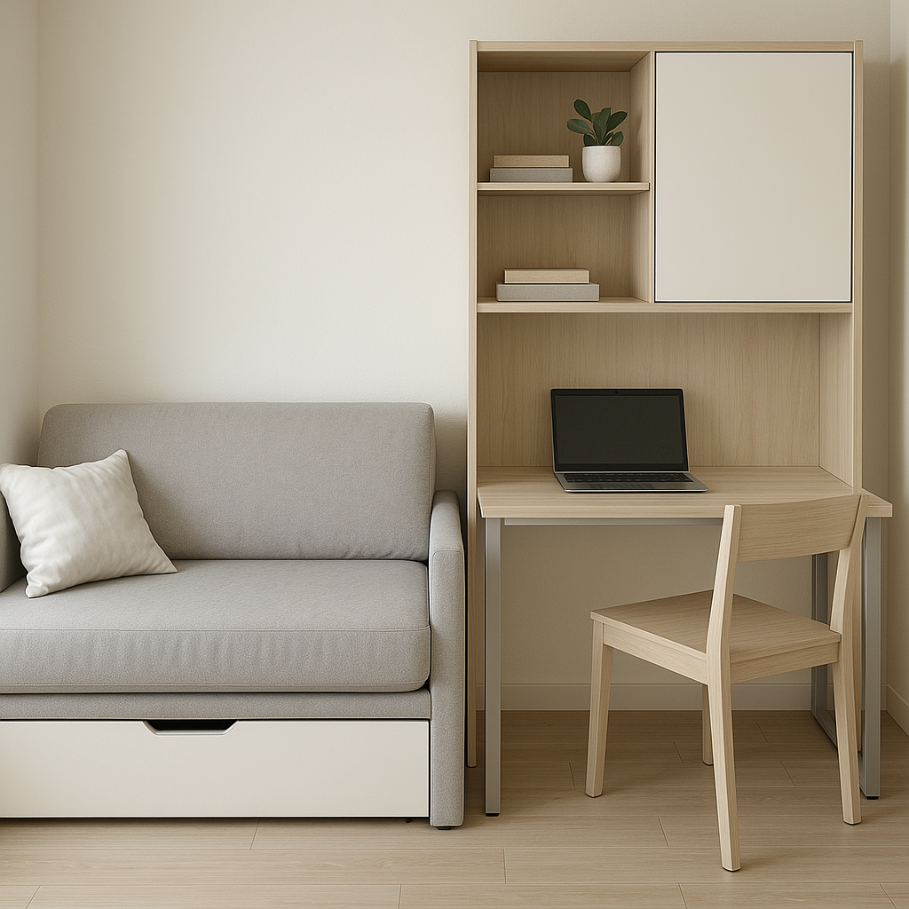 작은 거실에 어울리는 콤팩트한 소파와 테이블. 밝은 색상으로 공간이 넓어 보이는 인테리어 예시