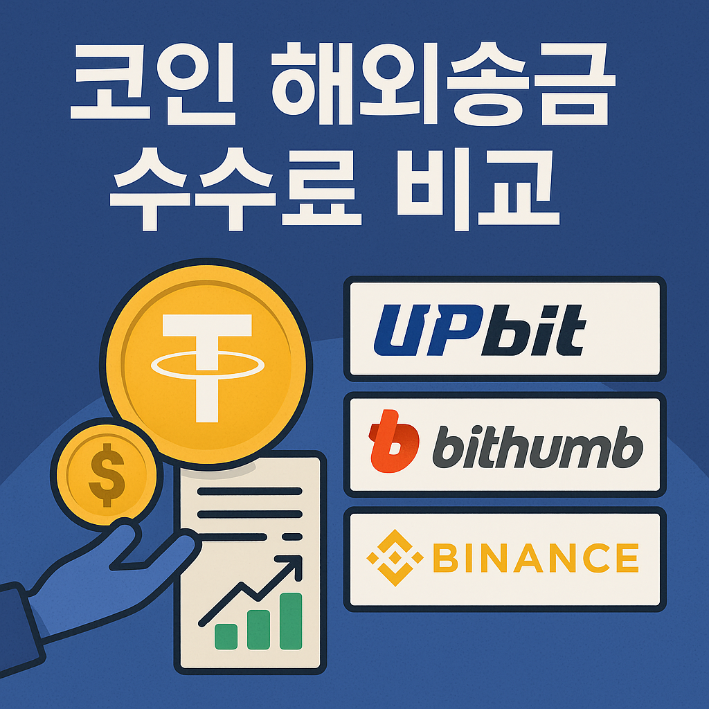 코인 해외송금 수수료 비교를 주제로 한 썸네일 이미지, 업비트&middot;빗썸&middot;바이낸스 로고와 함께 USDT 심볼, 금융 아이콘, 그래프 등을 배치한 디지털 일러스트