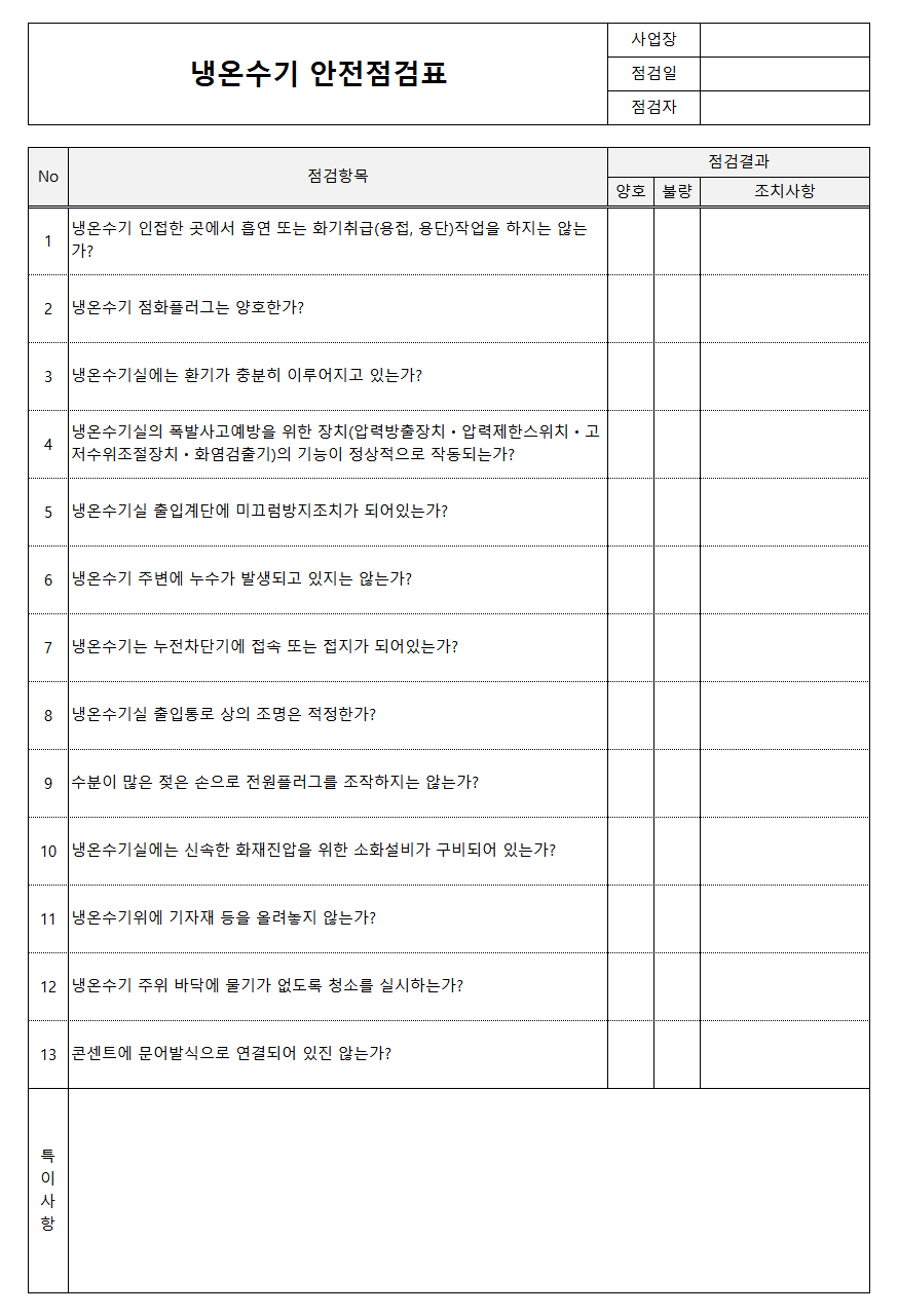 냉온수기 안전점검표