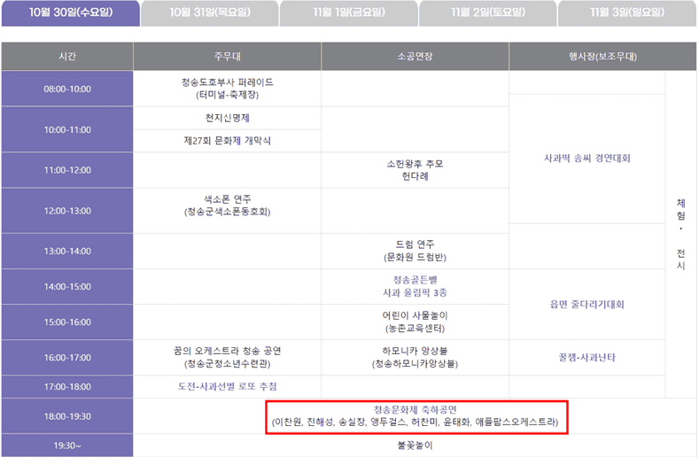 청송 사과축제: 행사일정・사과축제 가수