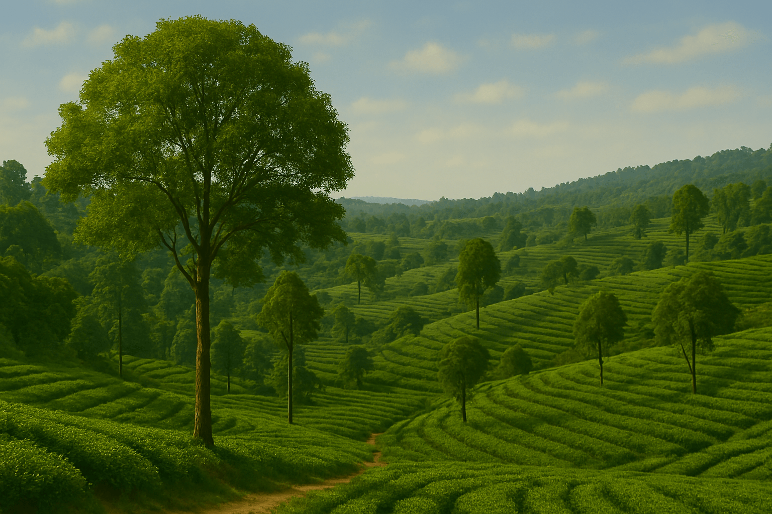 스리랑카 고산지대 누와라엘리야의 푸른 차밭이 구불구불한 언덕을 따라 끝없이 펼쳐져 있고, 멀리 산 안개가 어렴풋이 보이는 목가적인 풍경.