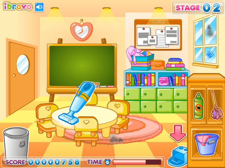 슈의-유치원-청소-플래시게임-플레이-청소기로-먼지를-제거하는-화면