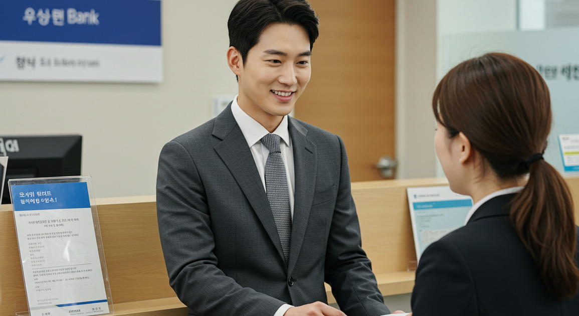 대학생 학자금 대출 이자지원을 위하여 은행 상담을 하는 남성 이미지