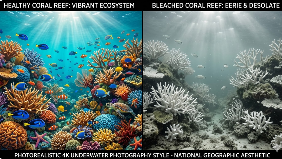 산호초 백화현상 전후 비교 — 건강한 산호초 생태계와 하얗게 탈색된 죽어가는 산호초 실사 도식