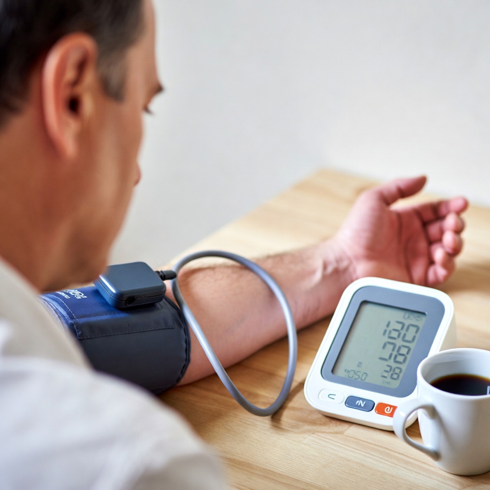 커피와 혈압 수치를 보며 카페인 영향이 걱정되는 고혈압 환자