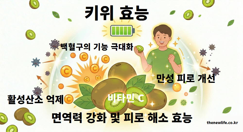 키위 효능 중 면역력 강화와 피로 해소 작용을 설명하는 인공 이미지