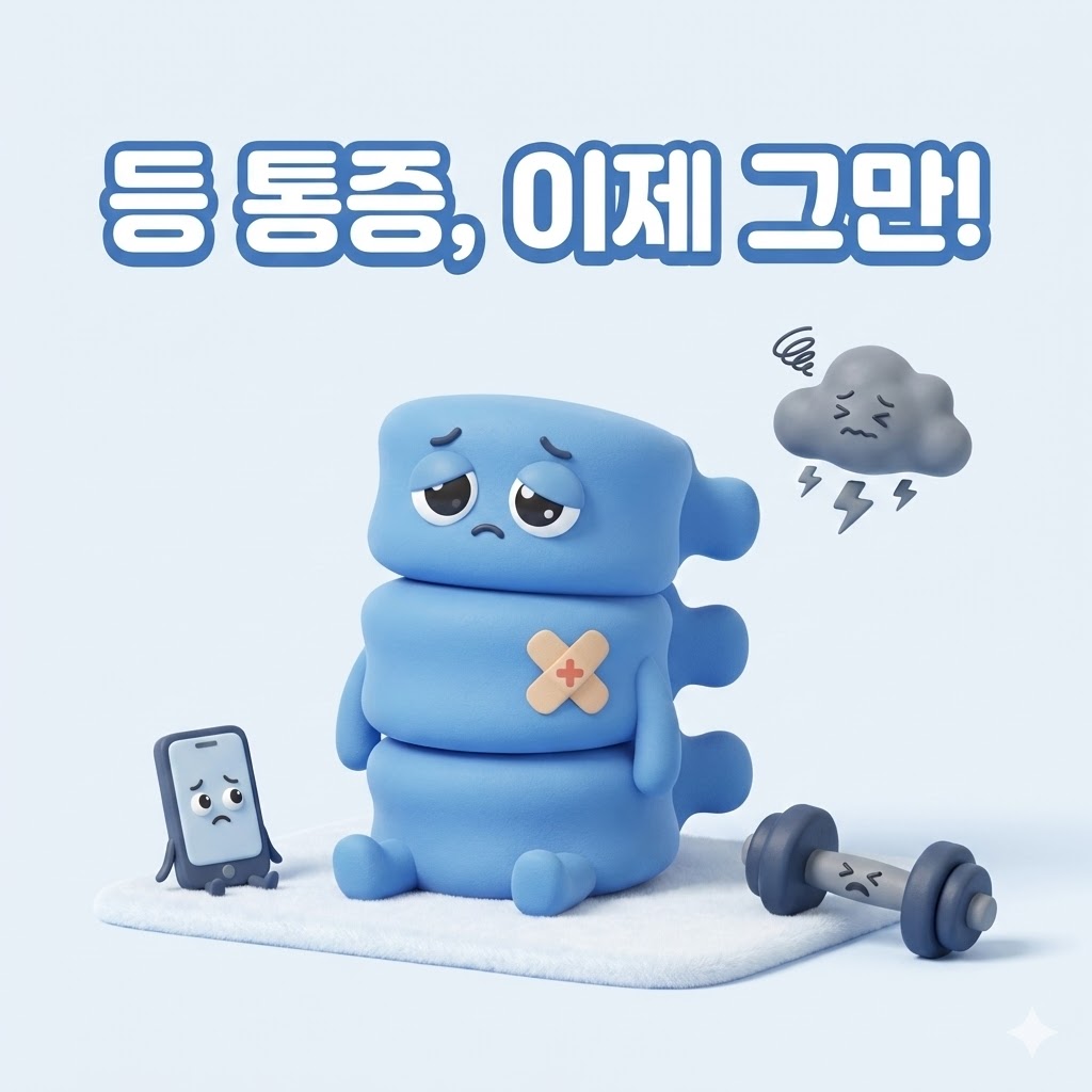 반창고를 붙인 귀여운 척추 캐릭터 주변으로 스마트폰, 아령, 스트레스 구름이 있는 3D 카툰 일러스트. '등 통증, 이제 그만!' 문구가 있어 등 통증의 원인과 해결을 암시합니다.