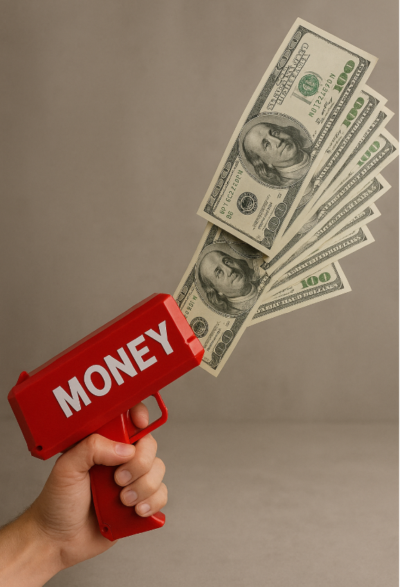 장난감 총에서 종이 달러가 많이 나오는 사진