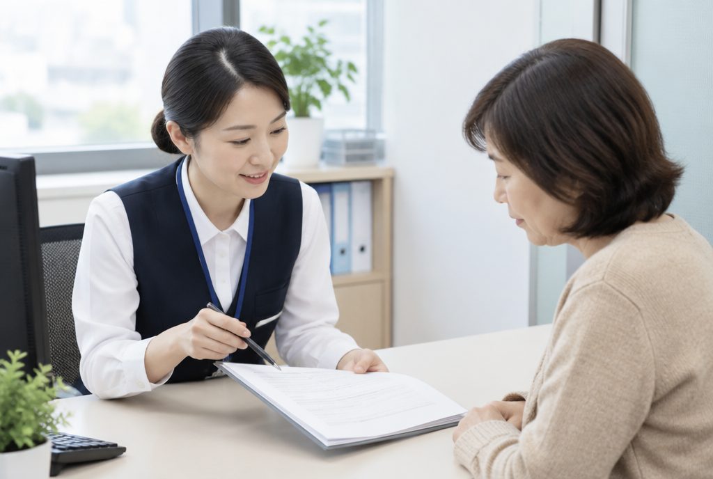 원무과에서 진료비 세부내역서와 지원 제도를 안내받는 모습