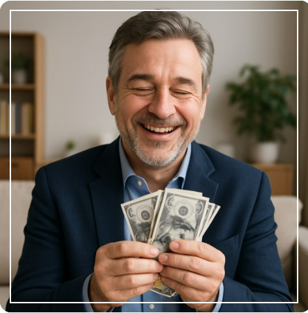 웃는 중년남성 손 달러지폐