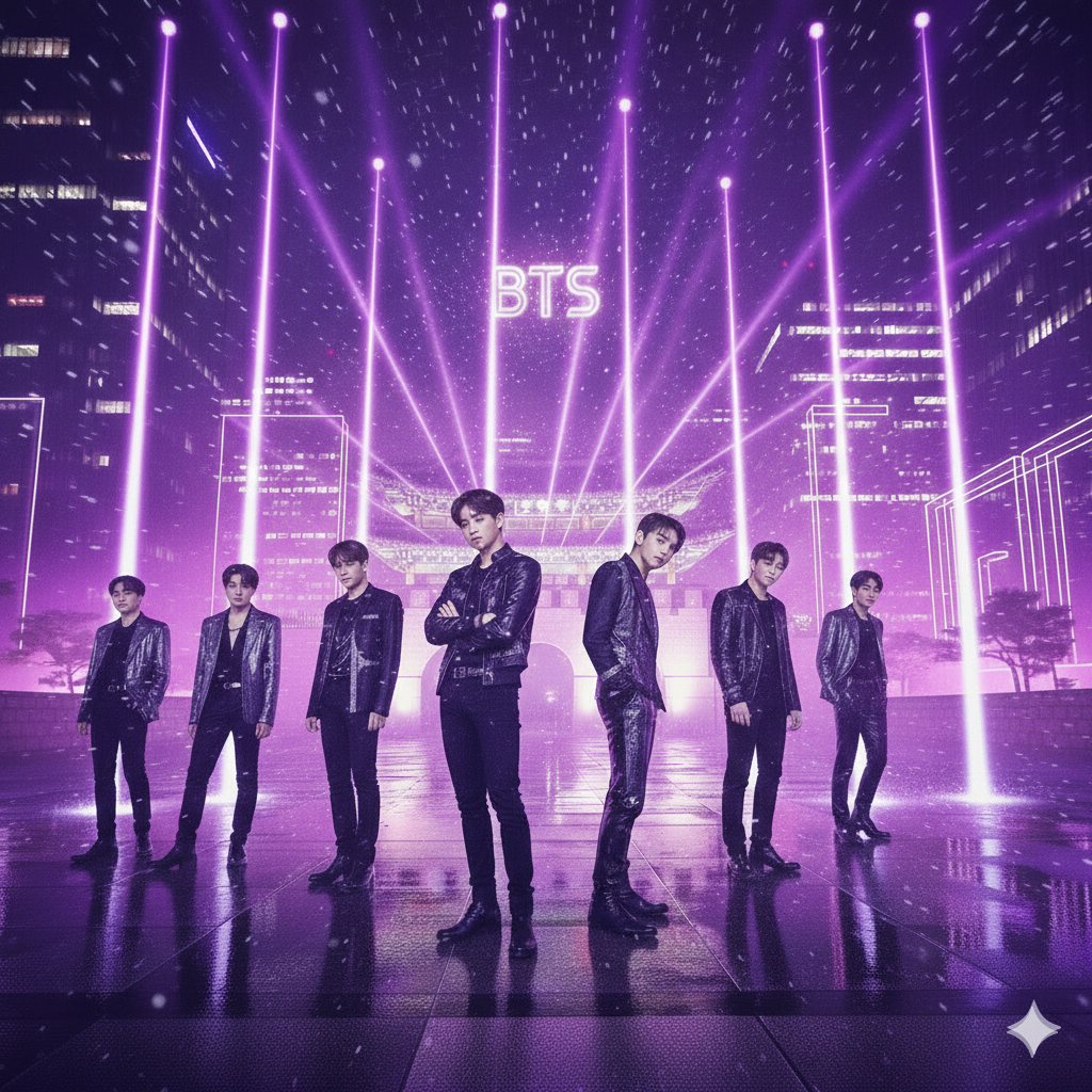 서울 광화문 광장 특설 무대에서 신보 '아리랑'을 선보이는 BTS 완전체 멤버들과 운집한 팬들의 모습