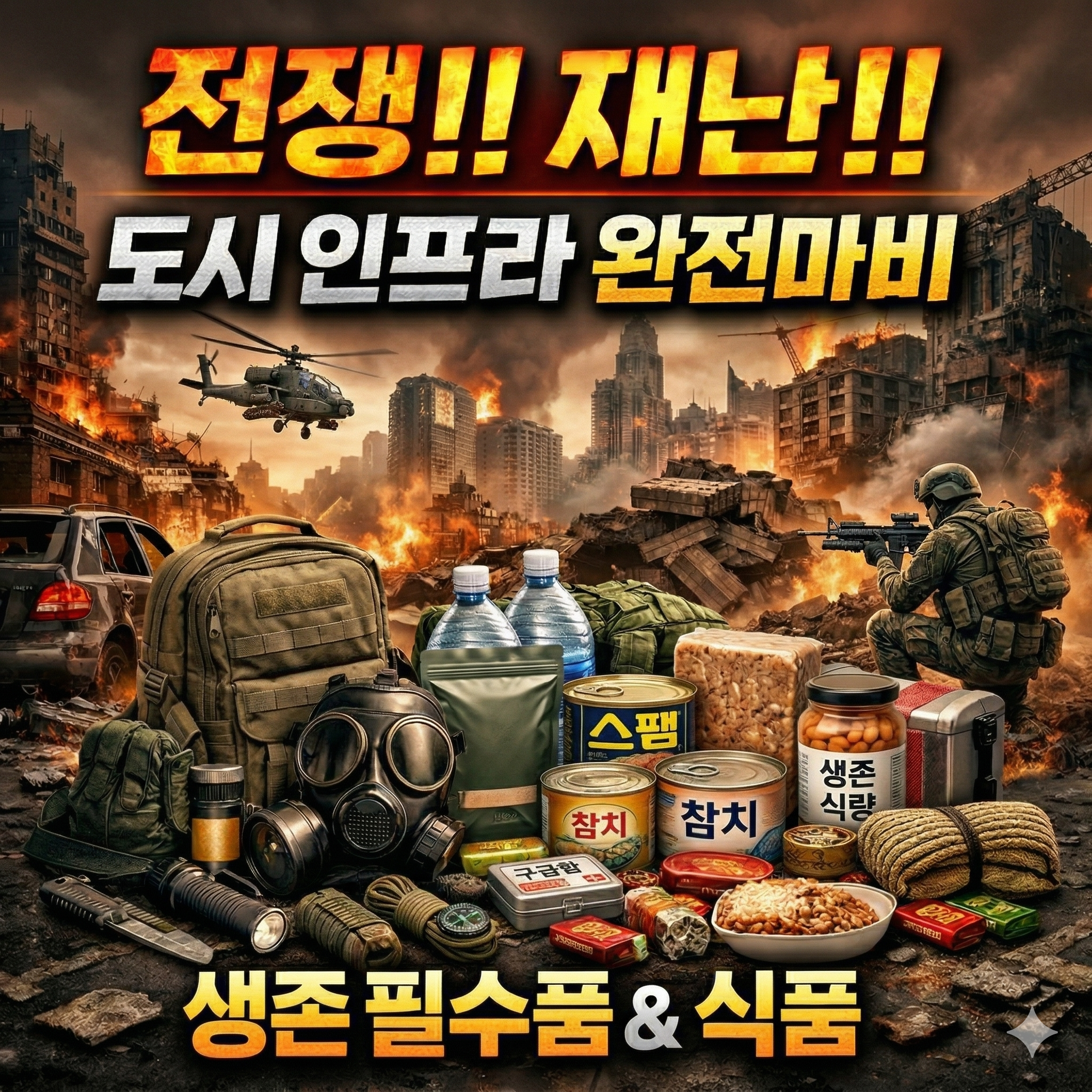 '전쟁!! 재난!! 도시 인프라 완전마비 생존 필수품&식품'
썸네일로 사용할 이미지 만들어줘.