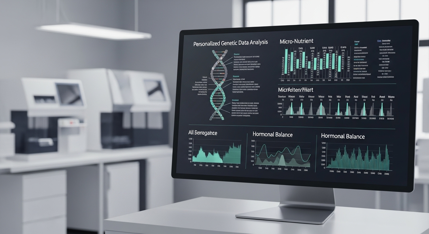 최첨단 장비와 스크린에 표시된 초개인화된 유전자 및 건강 데이터 분석 결과.