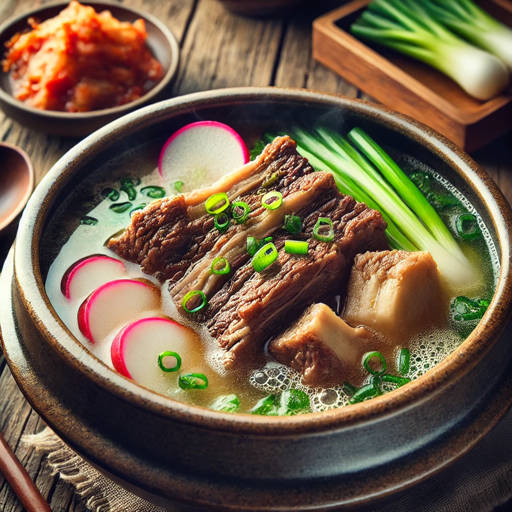 김이 모락모락 나는 갈비탕 근접 사진.