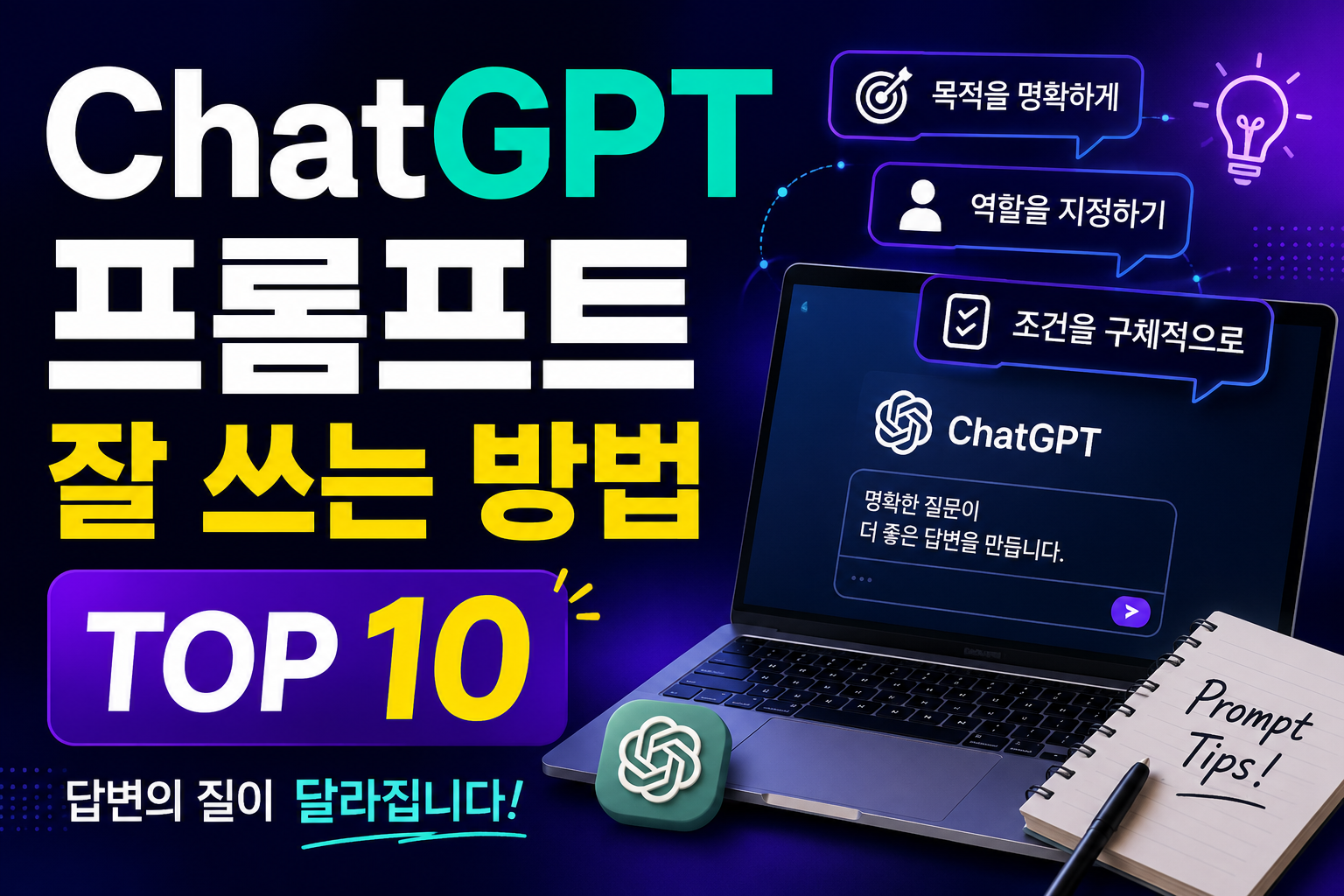 ChatGPT 프롬프트 작성 방법 TOP 10을 소개하는 썸네일. 더 좋은 AI 답변을 얻기 위한 프롬프트 작성 팁과 질문 작성법을 쉽게 설명하는 이미지.