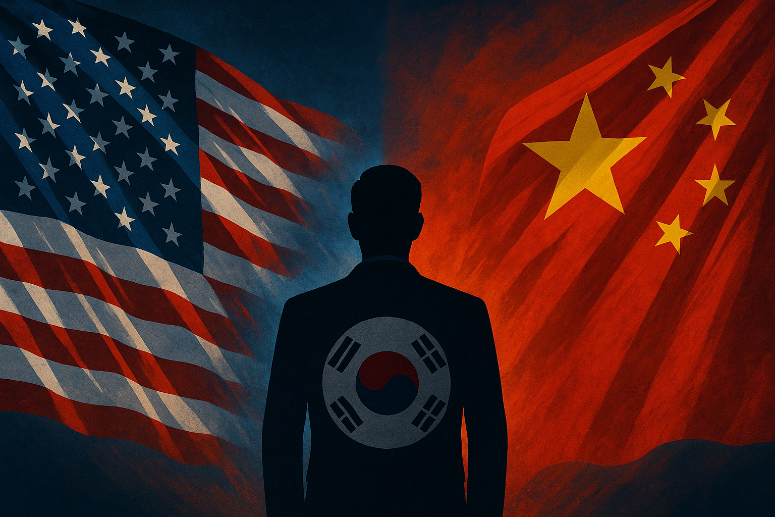 미중 패권전쟁을 상징하는 대립하는 미국과 중국 깃발, 그 가운데 서 있는 한국을 은유하는 이미지