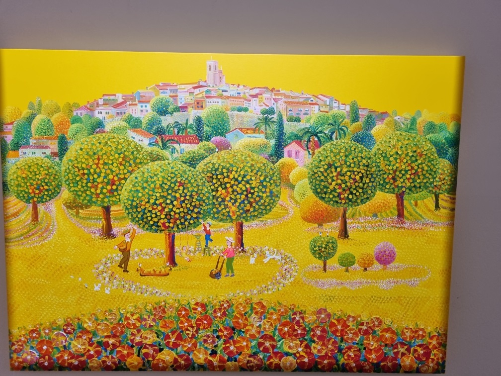 김덕기화백 전시그림, 과일나무에서 수확하고 있는 가족과 멋진 정원이 있는 그림