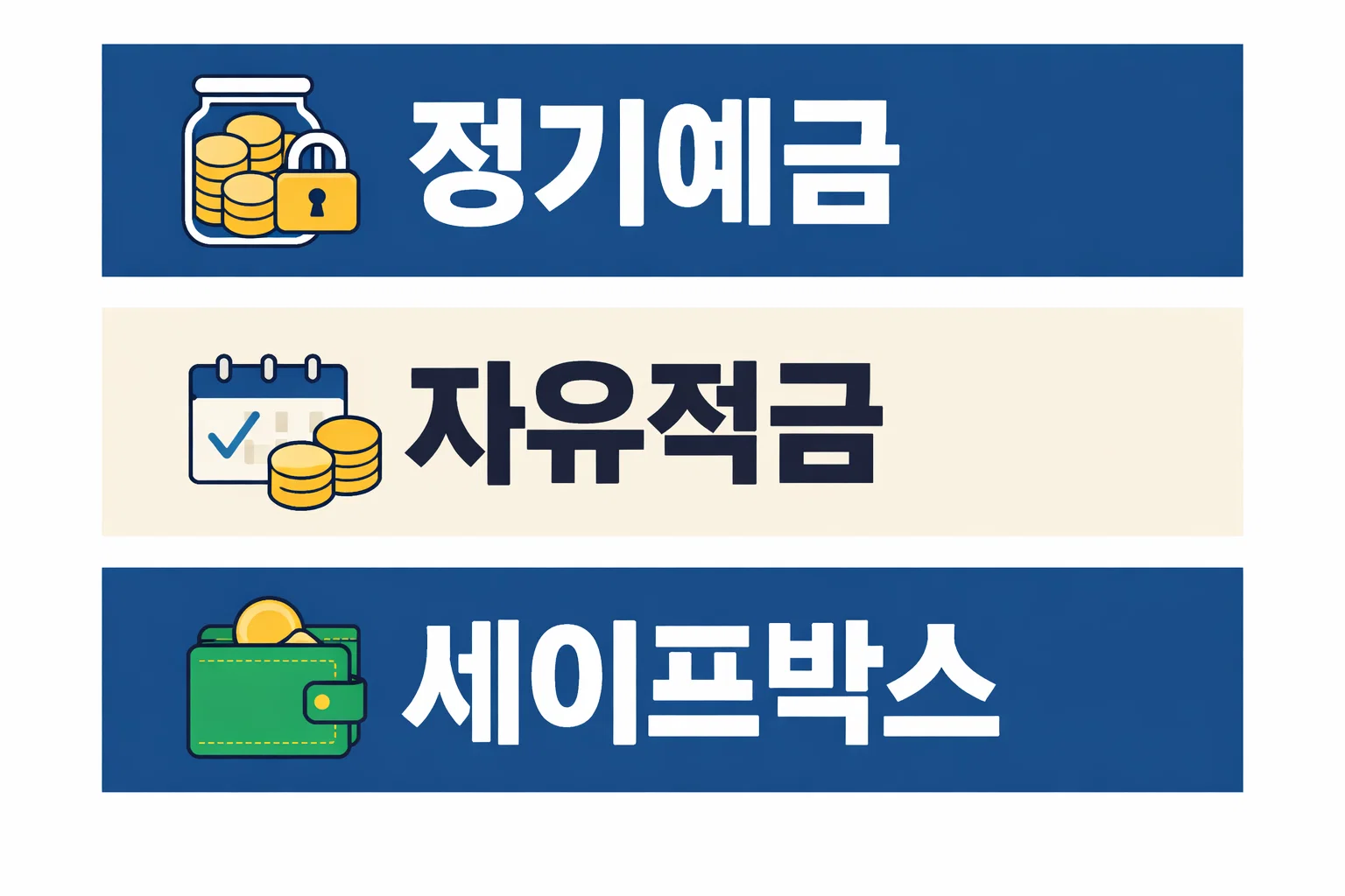 카카오뱅크 예금 종류를 정리할 때 정기예금 자유적금 세이프박스의 상품 구분과 기본 성격 차이를 빠르게 확인하도록 만든 비교 이미지